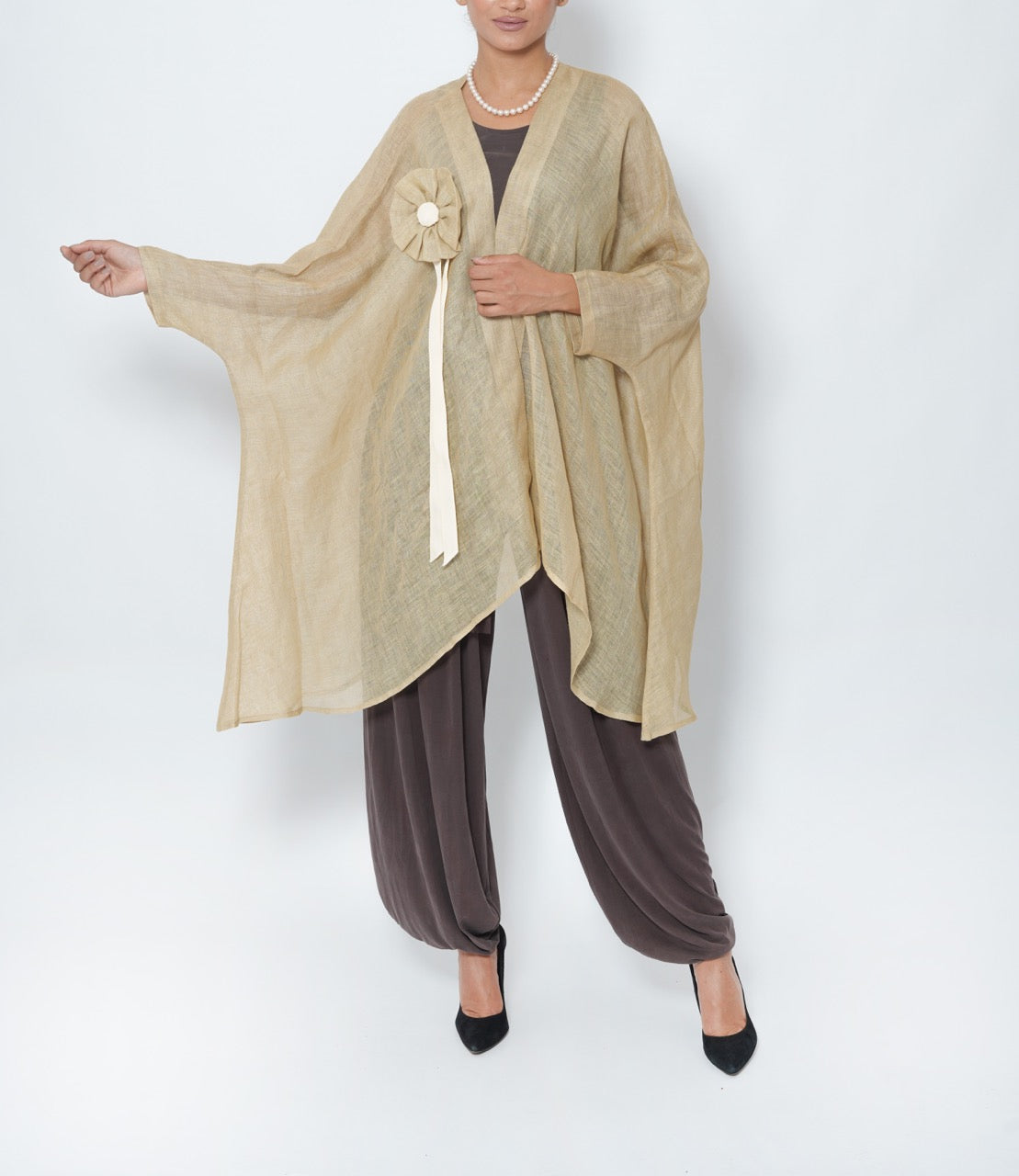 Lina Sand Rosette Linen Bisht