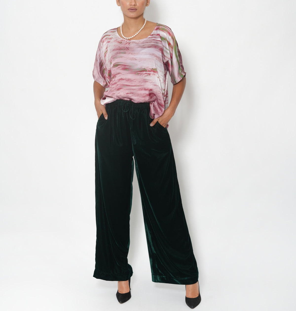 Nawal Rose Silk Satin Top and Nawal Emerald Cotton Velvet Wide-Leg Pants