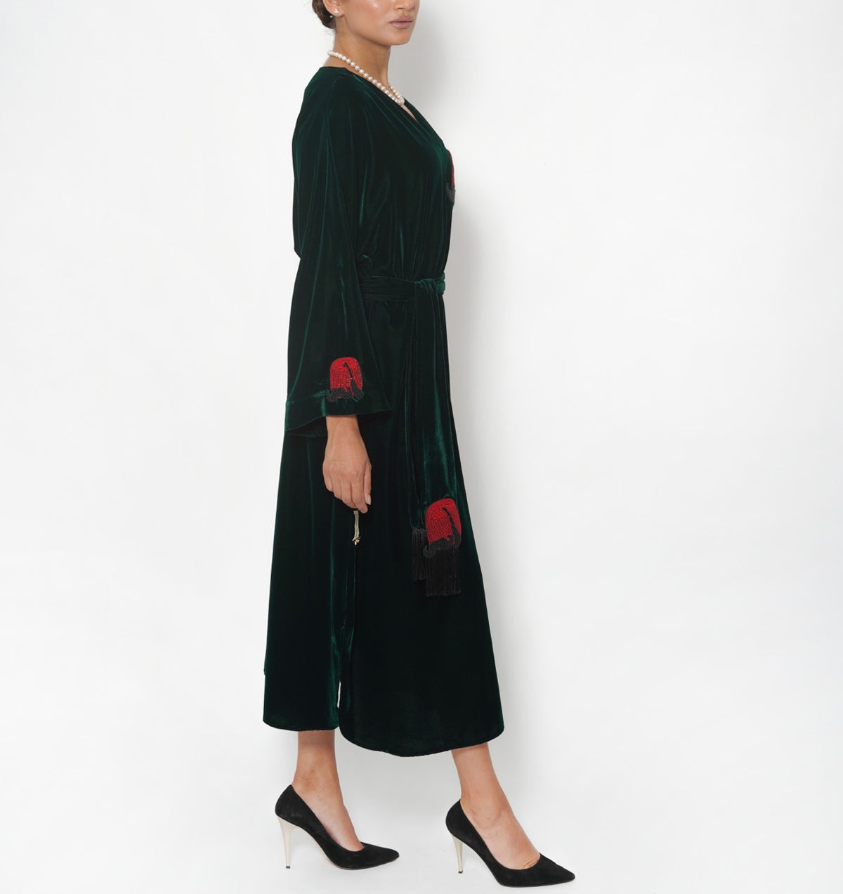 Farida Emerald Tarboush Cotton Velvet Kaftan